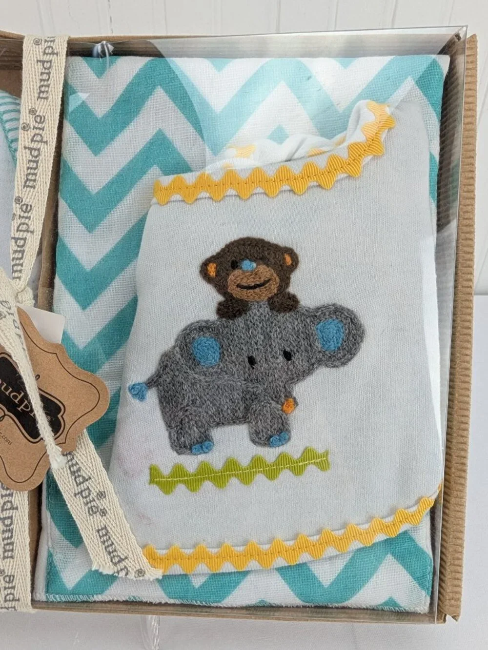 Mud Pie Elephant Crawler Burp Set 0-6 Months Gender Neutral Baby Gift 3 Piece